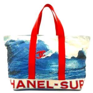 Authentic CHANEL Surf Line Tote Bag XL High Summer Large Canvas Shoulder Bag